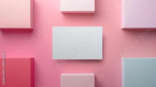 Minimalistic arrangement of pastel-colored geometric shapes creating a modern abstract design on a pink background.