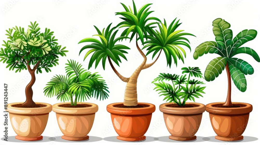 Fototapeta premium Stunning digital illustration of six ornamental trees in terracotta pots on a clean white background.