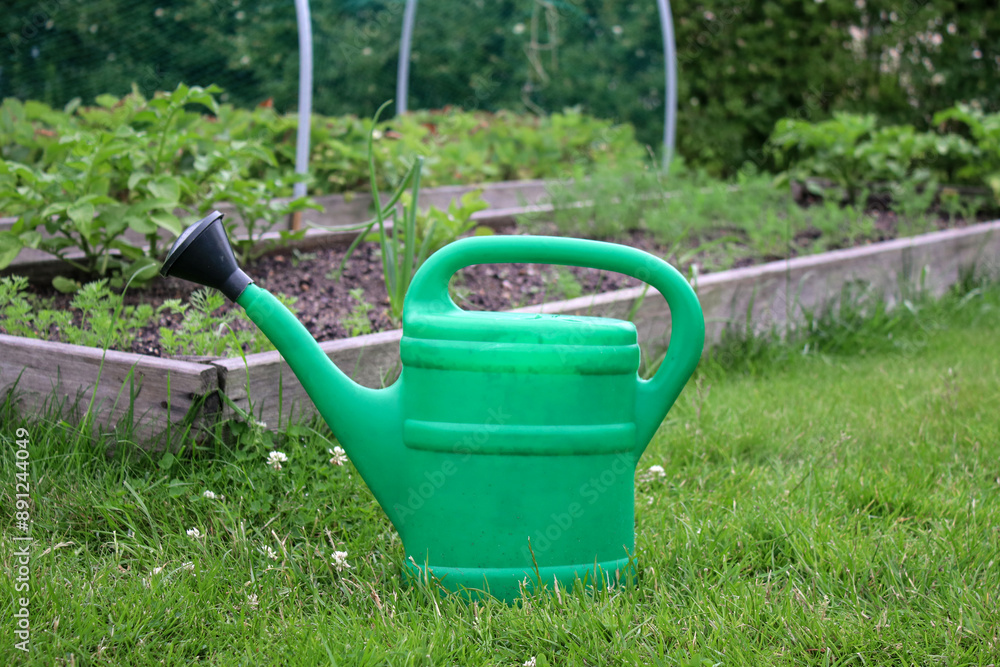 A green watering can standing on the ground, vegetables and herbs garden bed with young plants in background A green watering can standing on the ground, vegetables and herbs garden bed with young plants in background