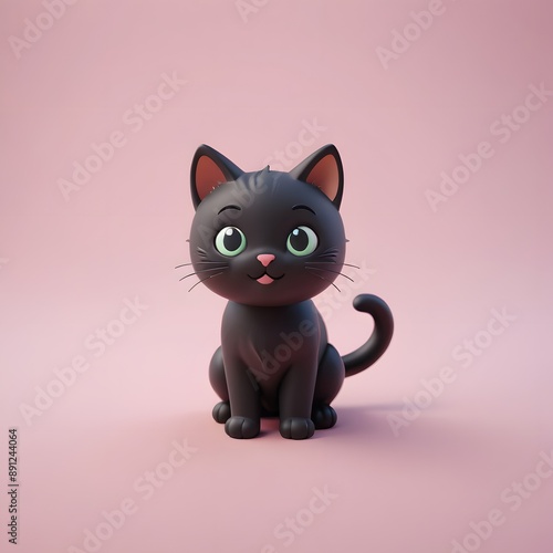 Cute Black Cat Sitting on Pink Background