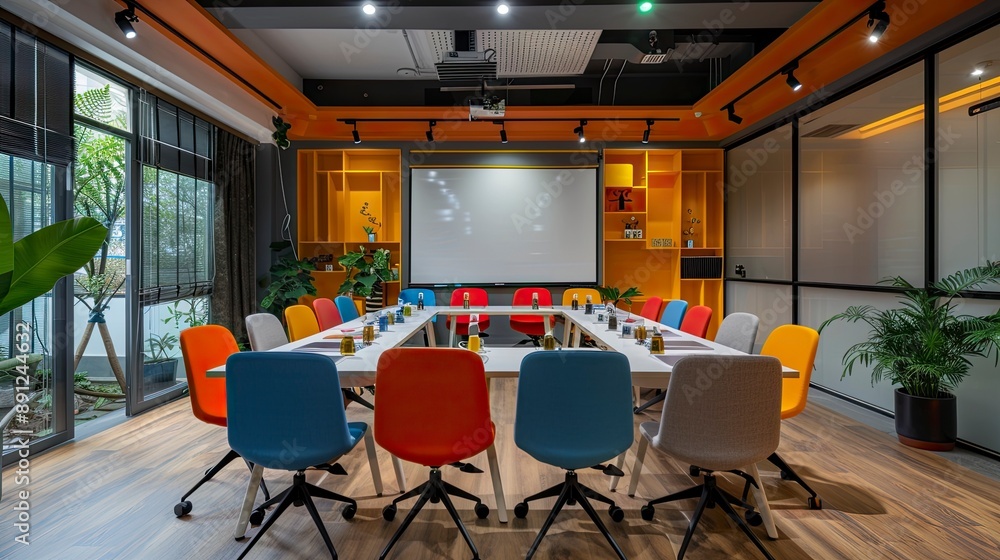 A bright meeting room with a large whiteboard, colorful chairs, and a variety of office supplies. The room is designed to inspire creativity and productivity. A bright meeting room with a large whiteboard, colorful chairs, and a variety of office supplies. The room is designed to inspire creativity and productivity.