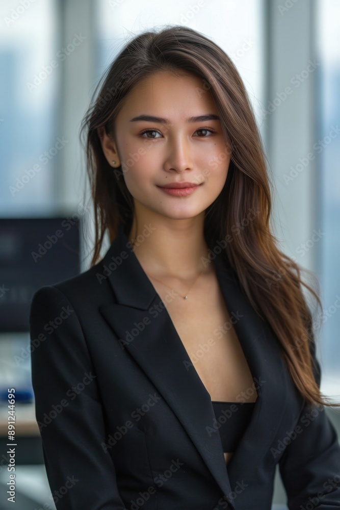 Confident businesswoman in a sleek black suit standing in a modern office with large windows and city view, professional portrait. Confident businesswoman in a sleek black suit standing in a modern office with large windows and city view, professional portrait.