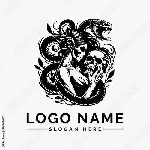 woman wrapped around by large snake logo vector