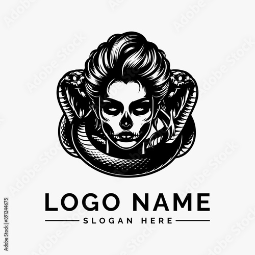 woman wrapped around by large snake logo vector