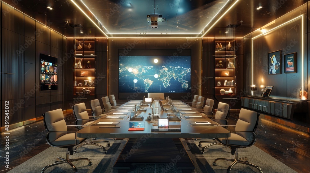A high-tech conference room with a large interactive touch screen, sleek table, and comfortable chairs. The room is equipped with advanced audio-visual equipment for seamless meetings. A high-tech conference room with a large interactive touch screen, sleek table, and comfortable chairs. The room is equipped with advanced audio-visual equipment for seamless meetings.