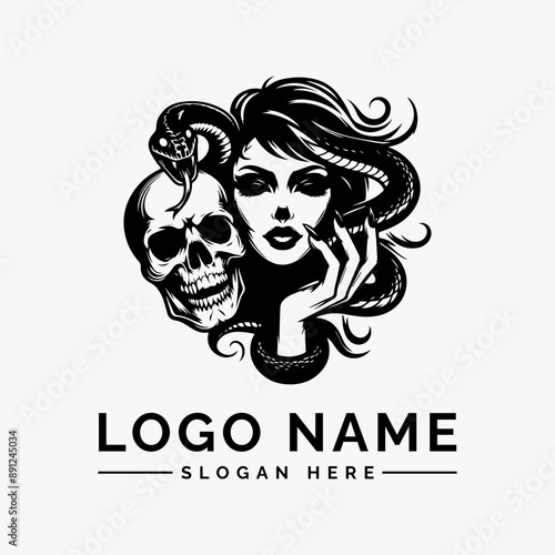 woman wrapped around by large snake logo vector
