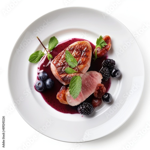 A finely plated duck breast with berry sauce, gourmet meal, realistic, isolated on white background