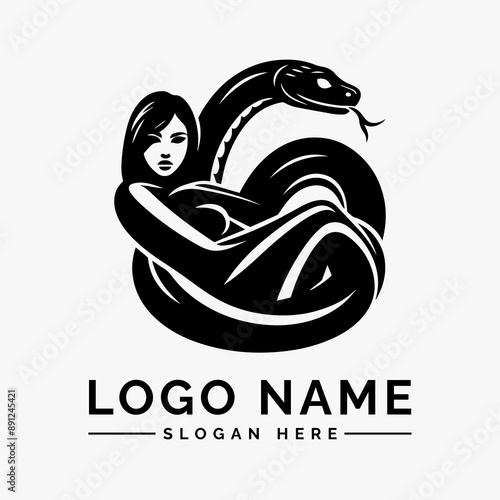 woman wrapped around by large snake logo vector
