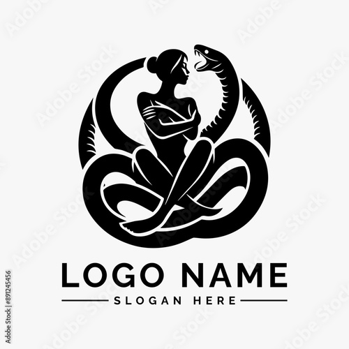 woman wrapped around by large snake logo vector