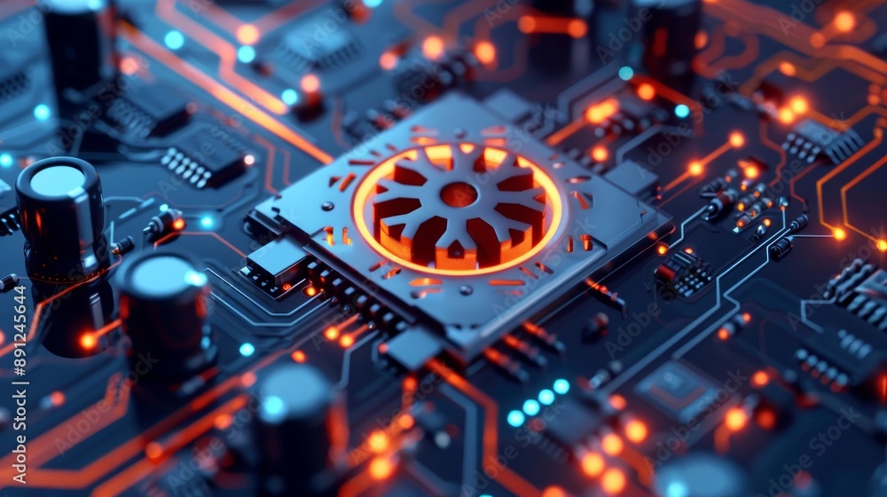 Detailed view of a digital gear mechanism on a circuit board Detailed view of a digital gear mechanism on a circuit board