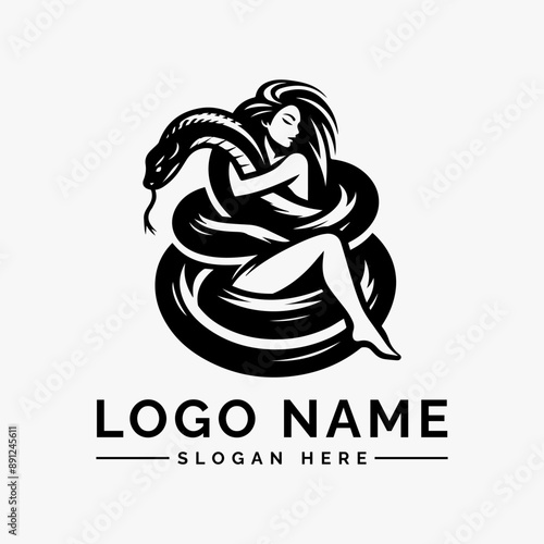 woman wrapped around by large snake logo vector