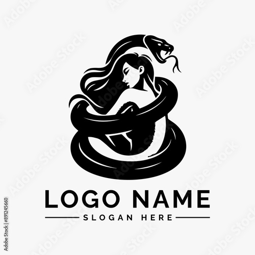 woman wrapped around by large snake logo vector