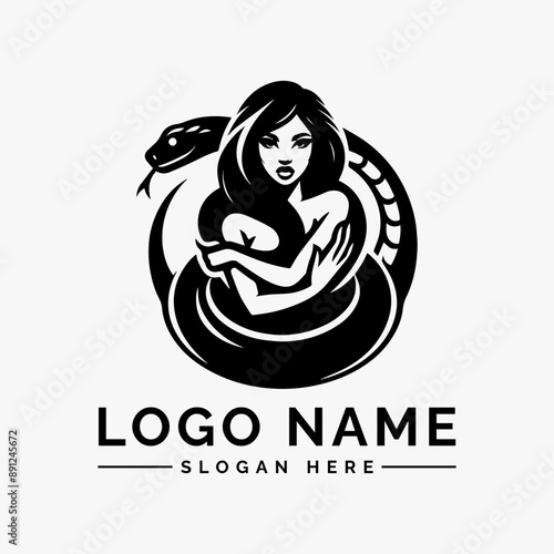 woman wrapped around by large snake logo vector