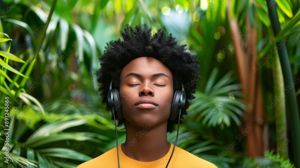 Headphones-wearing individual in a lush green setting, eyes shut, signifying the immersive and relaxing qualities of music, bright and serene imagery Headphones-wearing individual in a lush green setting, eyes shut, signifying the immersive and relaxing qualities of music, bright and serene imagery