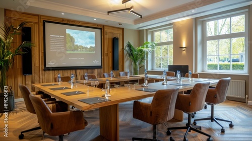 A well-lit meeting room with a large wooden table, comfortable chairs, and a wall-mounted screen. The room is perfect for presentations and collaborative sessions.