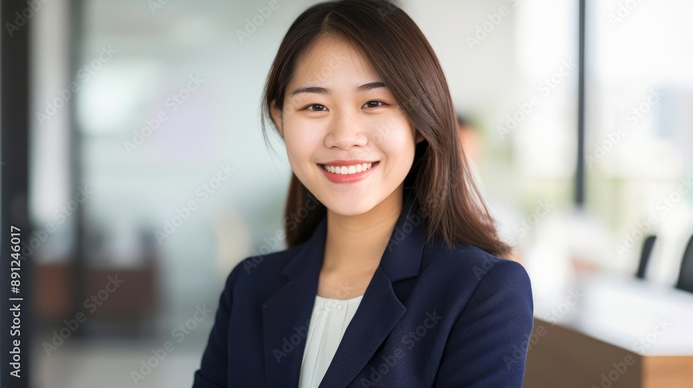 Portrait of a successful young Asian businesswoman, dressed formally in a navy blazer, smiling confidently, blurred office background Portrait of a successful young Asian businesswoman, dressed formally in a navy blazer, smiling confidently, blurred office background