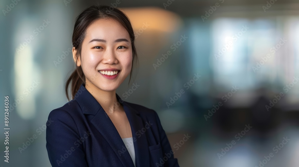 Portrait of a successful young Asian businesswoman, dressed formally in a navy blazer, smiling confidently, blurred office background Portrait of a successful young Asian businesswoman, dressed formally in a navy blazer, smiling confidently, blurred office background