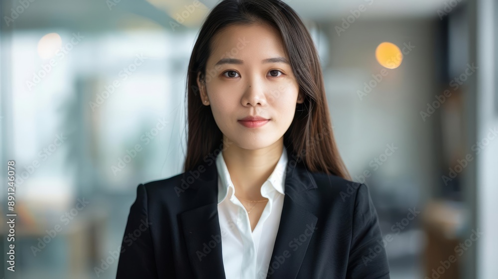 Professional portrait of a young Asian businesswoman, dressed in formal business wear, radiating confidence and success, office backdrop Professional portrait of a young Asian businesswoman, dressed in formal business wear, radiating confidence and success, office backdrop