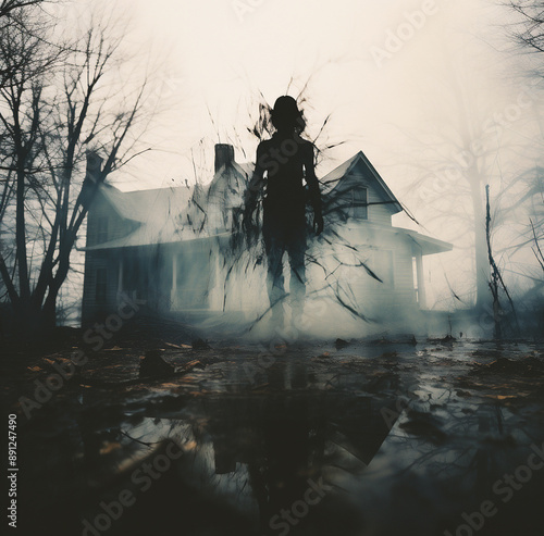 Mysterious man in a haunted house on a foggy day