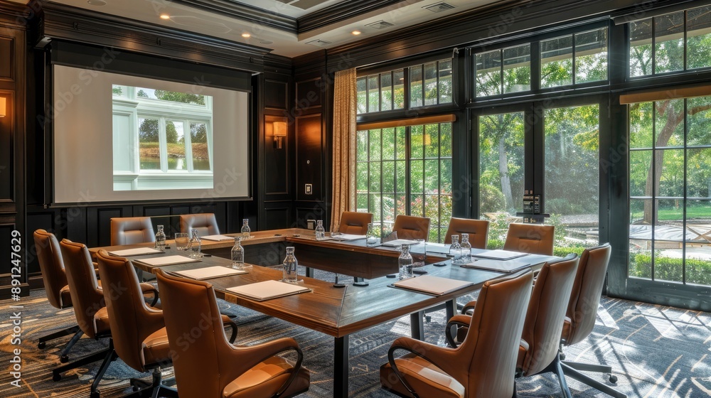 A well-organized meeting room with a large wooden table, plush chairs, and a projection screen. The room is decorated with motivational posters and has a professional atmosphere. A well-organized meeting room with a large wooden table, plush chairs, and a projection screen. The room is decorated with motivational posters and has a professional atmosphere.