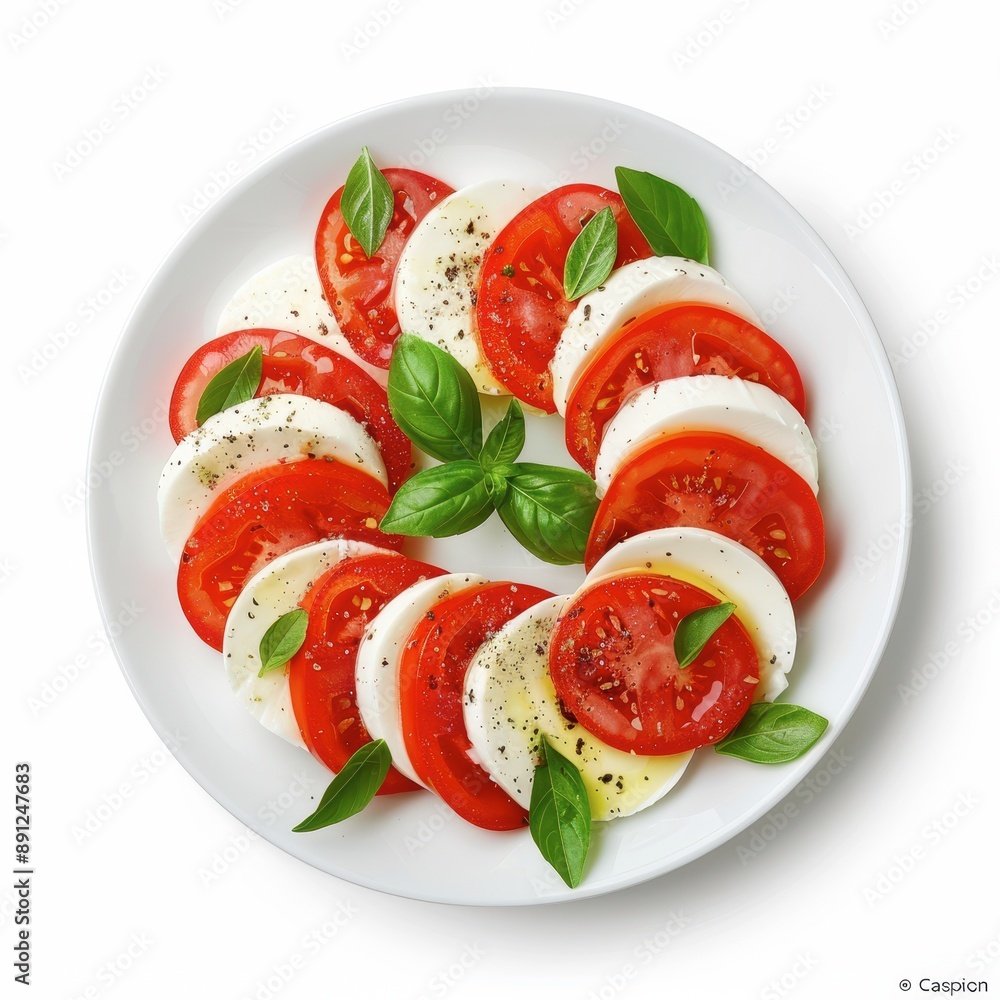 A stylishly arranged caprese salad with basil, Italian appetizer, realistic, isolated on white background A stylishly arranged caprese salad with basil, Italian appetizer, realistic, isolated on white background