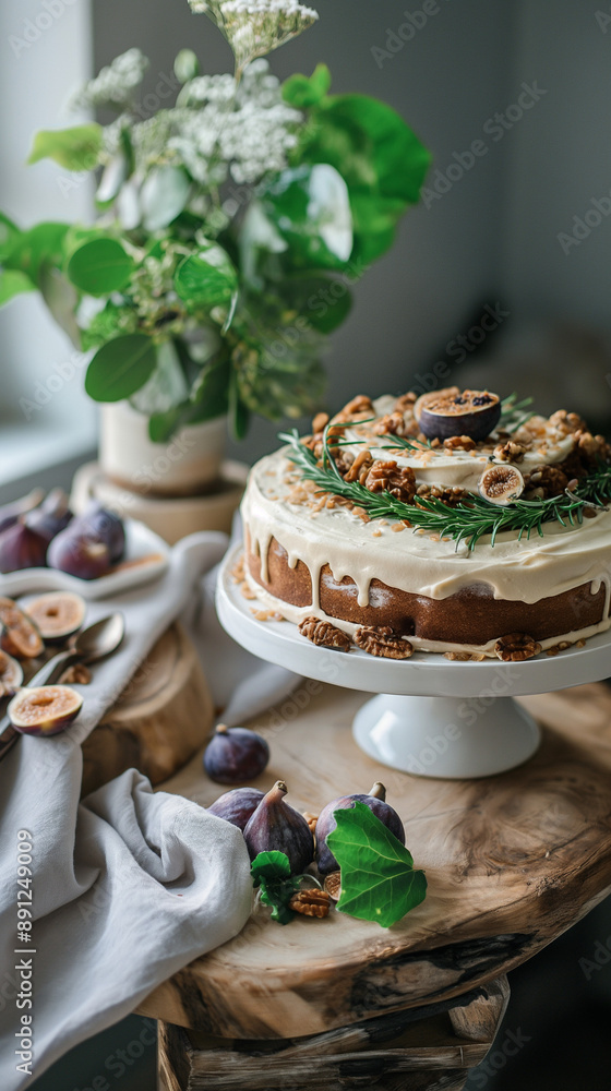 Charming and Rustic Delight: A Fig Cake with Creamy Frosting, Adorned with Fresh Figs, Walnuts, and Rosemary Sprigs, Perfect for Cozy Farmhouse Gatherings and Elegant Country Celebrations Charming and Rustic Delight: A Fig Cake with Creamy Frosting, Adorned with Fresh Figs, Walnuts, and Rosemary Sprigs, Perfect for Cozy Farmhouse Gatherings and Elegant Country Celebrations