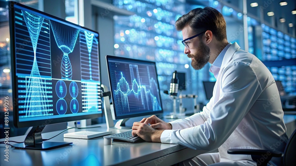 A geneticist in a high-tech lab, analyzing DNA sequences on a computer screen, with various lab equipment and scientific posters on the walls. A geneticist in a high-tech lab, analyzing DNA sequences on a computer screen, with various lab equipment and scientific posters on the walls.