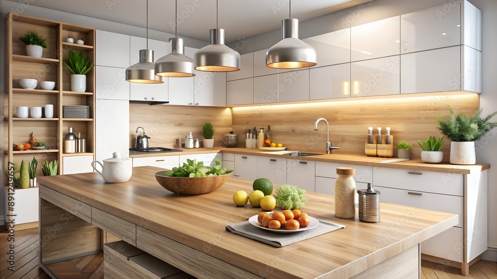 © Tima - Modern kitchen showing interior design trends with island and fruits