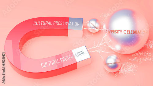 Cultural Preservation attracts Diversity Celebration. A magnet metaphor in which Cultural Preservation attracts multiple Diversity Celebration steel balls. ,3d illustration