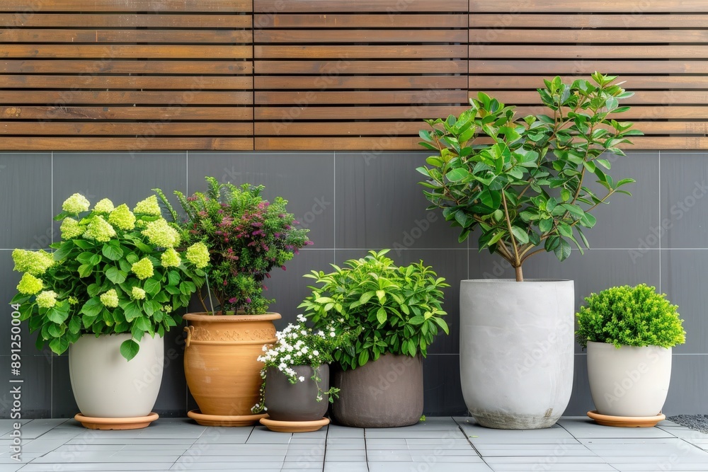 A row of vibrant green potted plants placed against a modern wooden and tile background, creating a fresh and stylish outdoor decor. A row of vibrant green potted plants placed against a modern wooden and tile background, creating a fresh and stylish outdoor decor.