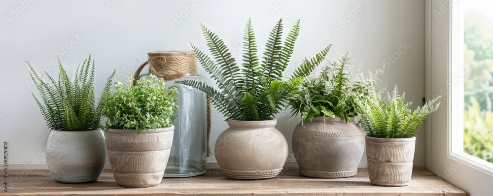 A serene windowsill adorned with a collection of potted green plants inside rustic ceramic pots, adding a touch of nature to the indoor space. A serene windowsill adorned with a collection of potted green plants inside rustic ceramic pots, adding a touch of nature to the indoor space.