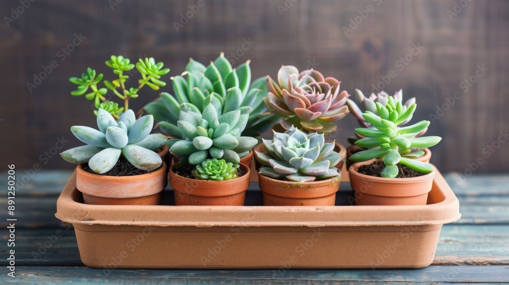 Colorful succulents in small terracotta pots arranged in a row, placed in a wooden tray on a rustic wooden table. Colorful succulents in small terracotta pots arranged in a row, placed in a wooden tray on a rustic wooden table.