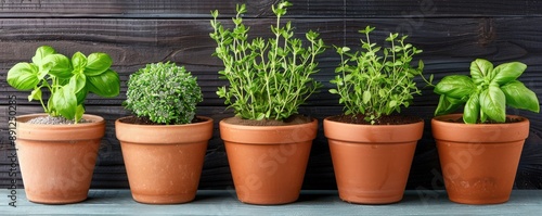 Five potted herbs in terracotta pots on a wooden shelf, perfect addition for a home garden or indoor greenery.