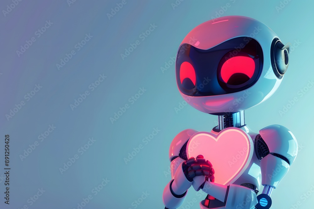 Robot with glowing heart symbol, showcasing advanced tech and human-robot interaction Robot with glowing heart symbol, showcasing advanced tech and human-robot interaction