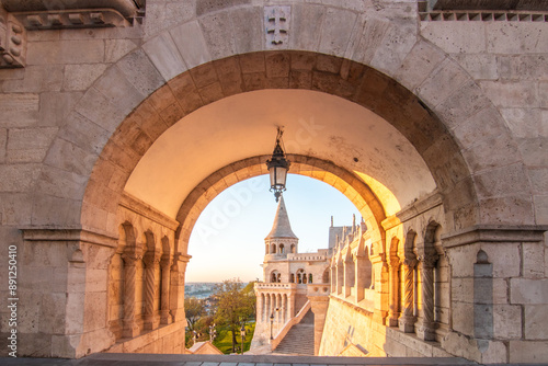 Old historical fortress and church in sunrise. City panorama at dusk. Sight on the Danube Fisherman's Bastion,
Halászbástya, Budapest, Hungary