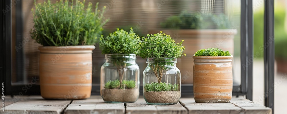 Potted green plants in clay and glass containers on a wooden surface, perfect for home decor and bringing nature indoors. Potted green plants in clay and glass containers on a wooden surface, perfect for home decor and bringing nature indoors.