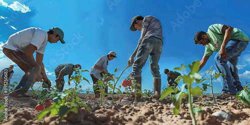 Sowing Seeds of America's Dreams: A group of migrant workers stoop together, planting tomato plants in rich soil under a clear blue sky.