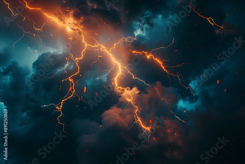 Dramatic photo of lightning during a thunderstorm, capturing the powerful and awe-inspiring natural phenomenon with bright flashes illuminating the dark sky.