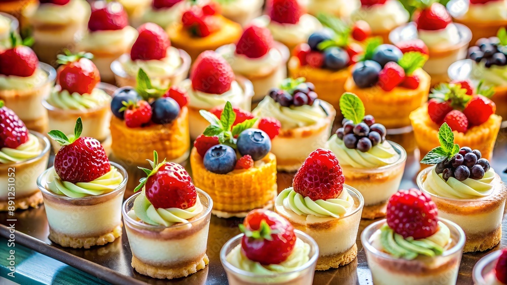 Pastry chef is putting fresh berries on top of mini cheesecakes Pastry chef is putting fresh berries on top of mini cheesecakes