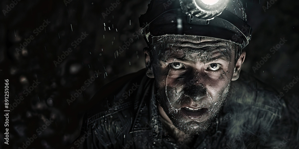 A miner emerges from a dark mine, covered in coal dust, with a headlamp illuminating his way. A miner emerges from a dark mine, covered in coal dust, with a headlamp illuminating his way.