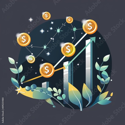 Vector Logo on a White Background Featuring an Isotype for a Stock Investment Holding Company, with Digital Coins, an Ascending Bar Graph, and an Upward Arrow. Includes 'EDEL' in Formal 3D Rounded Cor photo