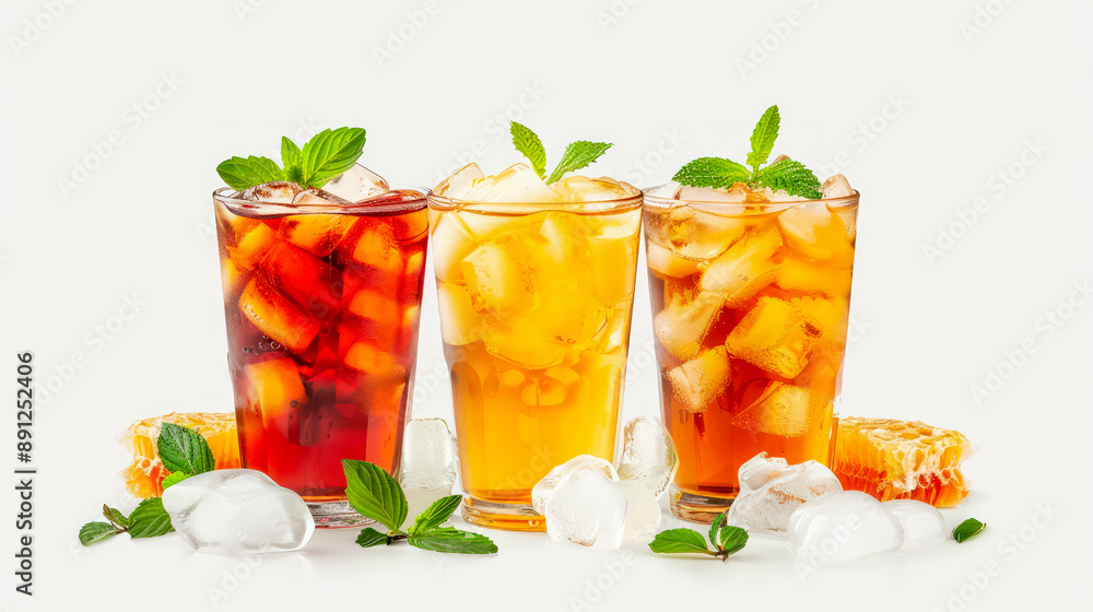 A set of cold soft drinks with different flavors in a glass glass with honey and ice. A set of cold soft drinks with different flavors in a glass glass with honey and ice.
