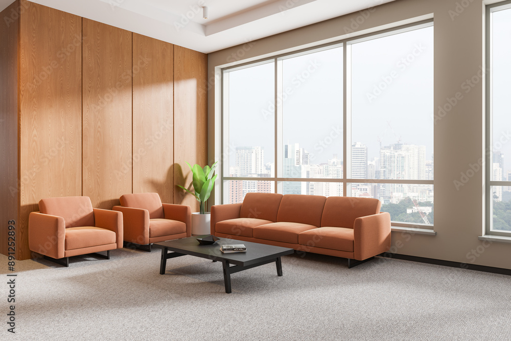 Lobby office interior with lounge zone and coffee table, panoramic window Lobby office interior with lounge zone and coffee table, panoramic window