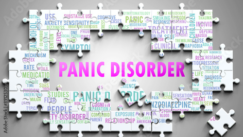 Panic Disorder as a complex subject, related to important topics. Pictured as a puzzle and a word cloud made of most important ideas and phrases related to panic disorder. ,3d illustration photo