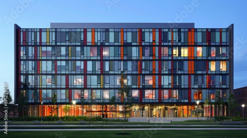 A university dormitory with a facade designed to optimize natural light and reduce energy consumption, showcasing sustainable living solutions for students.