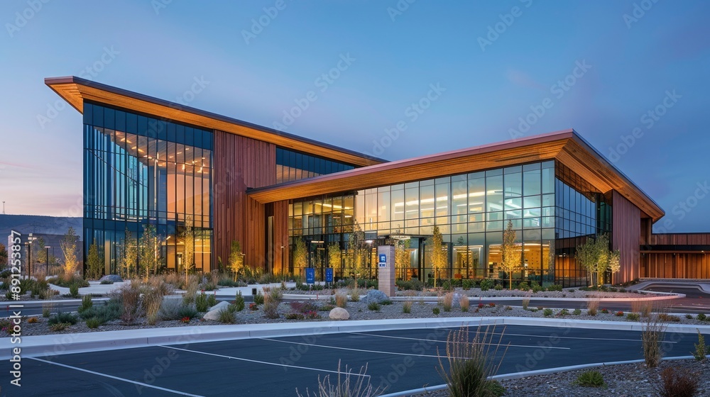 A community health center with a facade that integrates natural materials and renewable energy systems, emphasizing sustainability in healthcare design. A community health center with a facade that integrates natural materials and renewable energy systems, emphasizing sustainability in healthcare design.