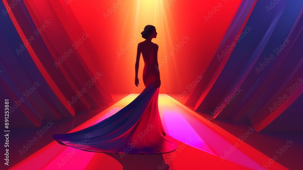 Elegant model walking down a runway in a stunning evening gown, with dramatic lighting. Generative AI
