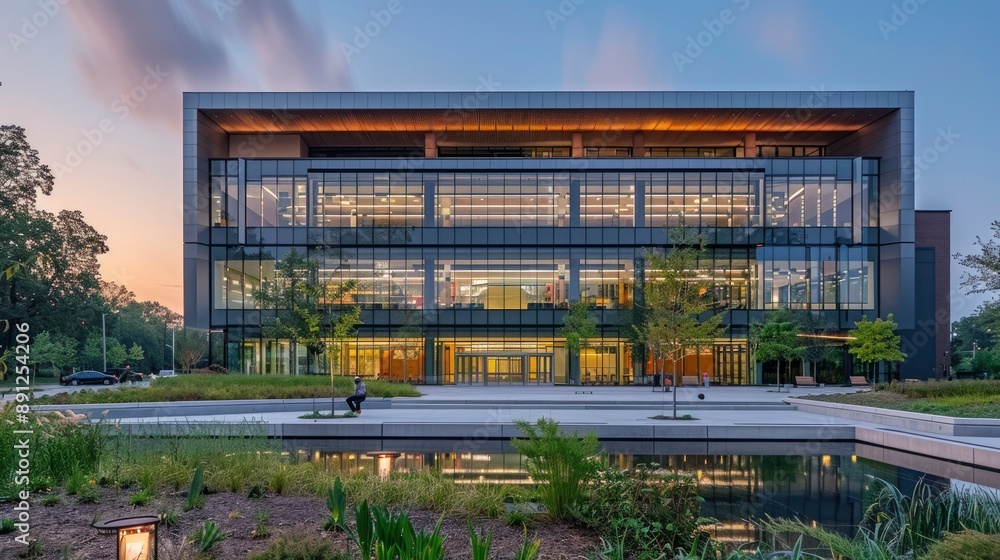 Obraz premium A university building with a facade that uses advanced materials to reduce energy consumption and enhance natural lighting, promoting sustainable practices in education.