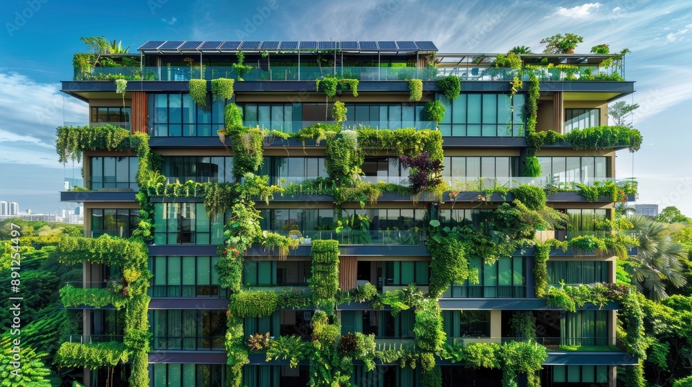 A residential tower with a facade covered in green walls and equipped with solar panels, illustrating a commitment to sustainable urban living. A residential tower with a facade covered in green walls and equipped with solar panels, illustrating a commitment to sustainable urban living.