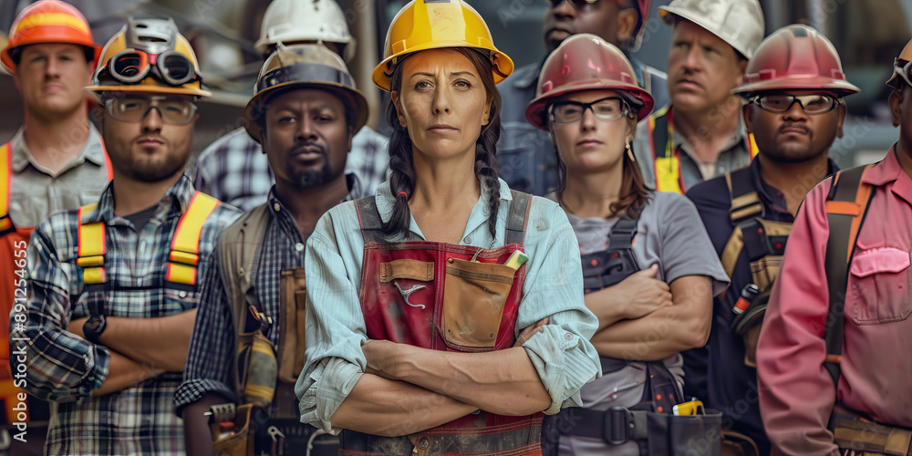 Solidarity of the American Workforce: A diverse group of individuals standing shoulder to shoulder, their work gear and tools on display.